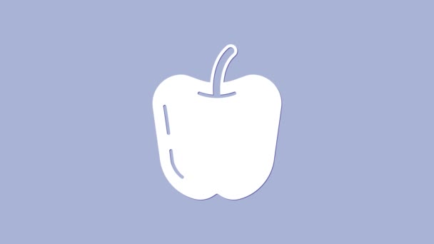 Icono de manzana blanca aislado sobre fondo púrpura. Fruta con símbolo de hoja. Animación gráfica de vídeo 4K — Vídeo de stock