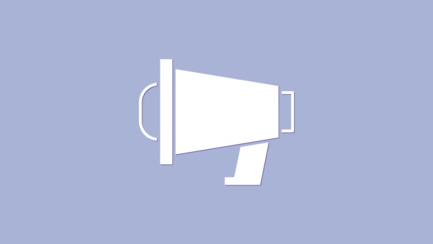 Mor arkaplanda izole edilmiş beyaz megafon simgesi. Sözcü işareti. 4K Video hareketli grafik canlandırması — Stok video