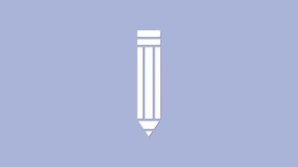 Icône crayon blanc isolé sur fond violet. Outils de dessin et d'éducation. Symbole du bureau scolaire. Animation graphique de mouvement vidéo 4K — Video