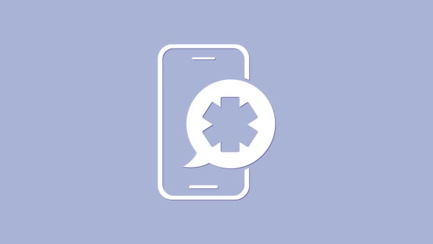 White Emergency mobile phone call to hospital icon isolated on purple background. 4K Video motion graphic animation — Stock Video