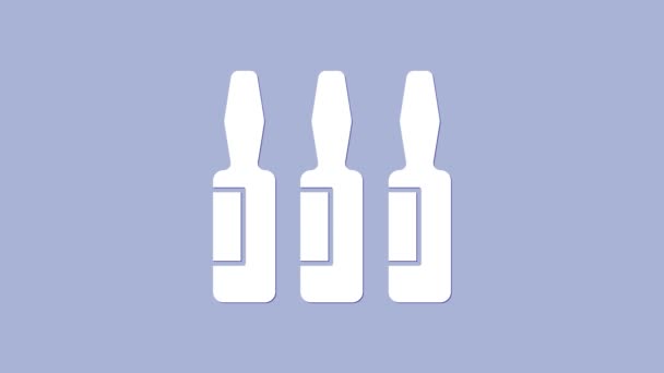 Beyaz tıbbi şişe, ampul, mor arka planda izole edilmiş şişe ikonu. Aşı, iğne, aşı, sağlık hizmeti konsepti. 4K Video hareketli grafik canlandırması — Stok video
