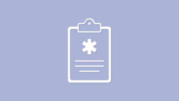 Weiße medizinische Zwischenablage mit klinischen Aufzeichnungen auf violettem Hintergrund. Krankenversicherungsformular. Verschreibung, ärztliche Kontrollzeichen melden. 4K Video Motion Grafik Animation — Stockvideo