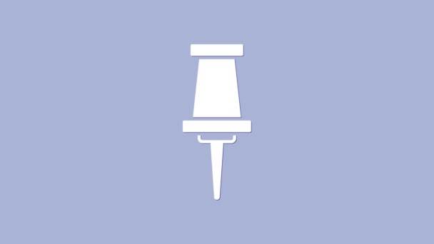 Blanco Push pin icono aislado sobre fondo púrpura. Signo de chinchetas. Animación gráfica de vídeo 4K — Vídeo de stock