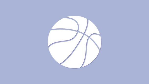 紫色の背景に白いバスケットボールのアイコンが隔離されています。スポーツシンボル。4Kビデオモーショングラフィックアニメーション — ストック動画