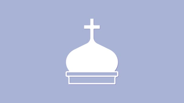 Ikona věže Bílého křesťanského kostela izolovaná na purpurovém pozadí. Náboženství církve. Grafická animace pohybu videa 4K — Stock video