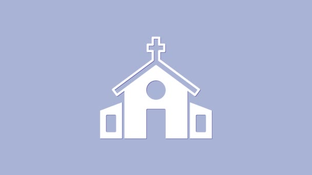 Weiße Kirche Gebäude Symbol isoliert auf violettem Hintergrund. Christliche Kirche. Religion der Kirche. 4K Video Motion Grafik Animation
