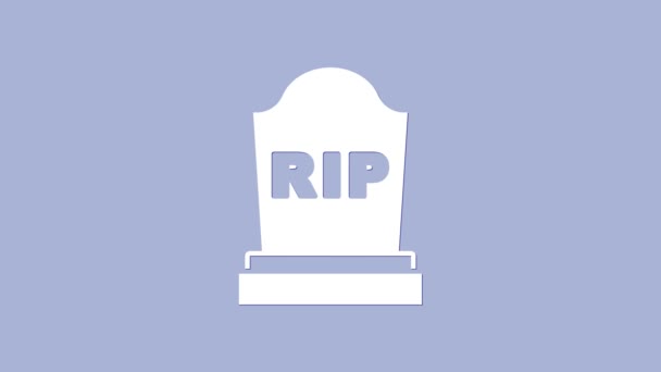 Белый томик с надписью RIP на нем выделен на фиолетовом фоне. Значок могилы. Видеографическая анимация 4K — стоковое видео