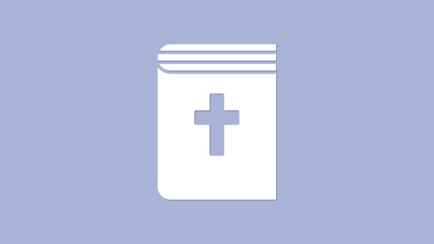 Icono del libro de la Sagrada Biblia blanca aislado sobre fondo púrpura. Animación gráfica de vídeo 4K — Vídeo de stock