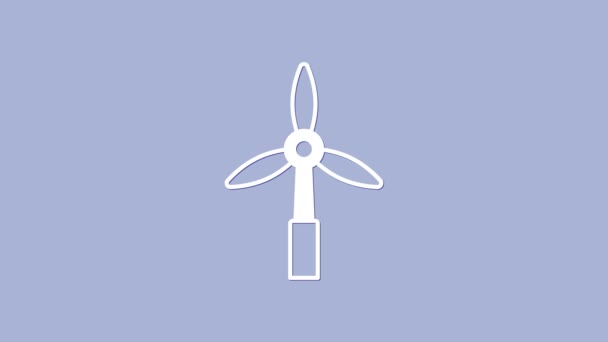 Ícone de turbina eólica branca isolado no fundo roxo. Sinal do gerador de vento. Moinho de vento para produção de energia elétrica. Animação gráfica em movimento de vídeo 4K — Vídeo de Stock