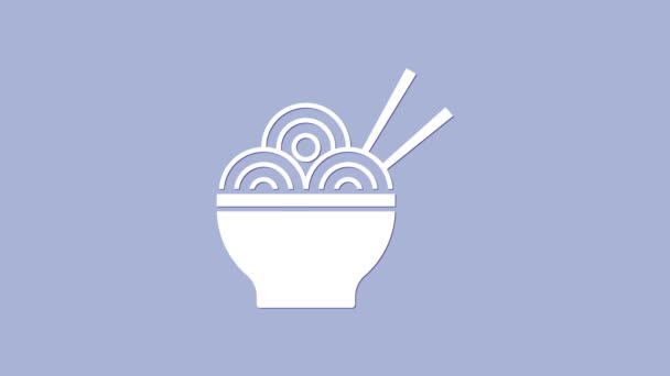 Macarrão asiático branco em tigela e chopsticks ícone isolado no fundo roxo. Comida rápida de rua. Coreano, japonês, comida chinesa. Animação gráfica em movimento de vídeo 4K — Vídeo de Stock