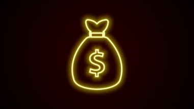 Parlayan neon hattı Para Çantası simgesi siyah arkaplanda izole edildi. Dolar ya da USD sembolü. Nakit bankacılık tabelası. 4K Video hareketli grafik canlandırması
