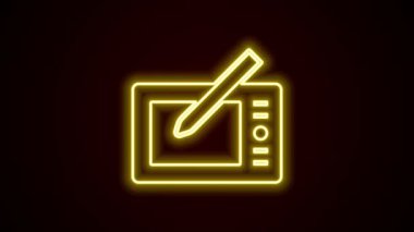 Siyah arkaplanda parlayan neon hattı grafiksel tablet simgesi izole edildi. 4K Video hareketli grafik canlandırması
