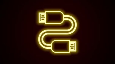 Parlayan neon hattı USB kablo ikonu siyah arkaplanda izole edildi. PC ve mobil cihazlar için bağlantı ve soketler. 4K Video hareketli grafik canlandırması