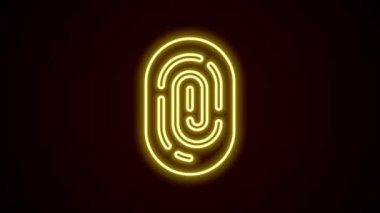 Parlayan neon çizgisi parmak izi simgesi siyah arkaplanda izole edildi. Kimlik uygulaması simgesi. Kimlik işareti. Kimliğe dokun. 4K Video hareketli grafik canlandırması