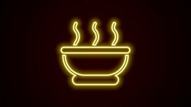 Siyah arka planda izole edilmiş parlak neon çizgisi sıcak çorba ikonu kasesi. 4K Video hareketli grafik canlandırması