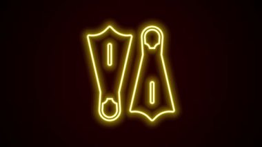 Siyah arka planda izole edilmiş yüzme ikonu için parlak neon çizgili plastik yüzgeçler. Dalış ekipmanları. Olağanüstü bir spor. Spor malzemeleri. 4K Video hareketli grafik canlandırması