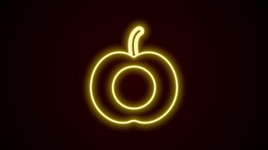 Siyah zemin üzerinde yaprak simgesi olan parlak neon çizgisi şeftali veya nektarin. 4K Video hareketli grafik canlandırması