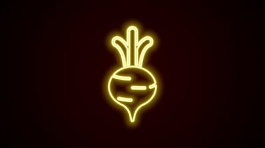 Parlayan neon hattı siyah zemin üzerinde yaprak simgesi olan taze pancar. Doğal Kök. Yiyecek için sebze karışımı. 4K Video hareketli grafik canlandırması