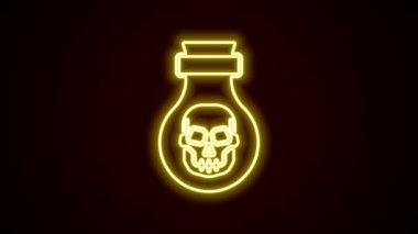 Şişedeki parlak neon çizgisi zehri siyah arka planda izole edilmiş. Bir şişe zehir ya da zehirli kimyasal toksin. 4K Video hareketli grafik canlandırması