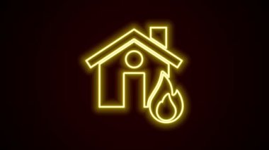 Yanan ev simgesinde parlayan neon hattı yangını siyah arka planda izole edildi. 4K Video hareketli grafik canlandırması