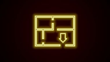 Parlayan neon hattı tahliye planı simgesi siyah arkaplanda izole edildi. Yangın kaçış planı. 4K Video hareketli grafik canlandırması