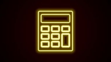 Parlayan neon hattı hesap makinesi simgesi siyah arkaplanda izole edildi. Muhasebe sembolü. İş hesaplamaları matematik eğitimi ve finans. 4K Video hareketli grafik canlandırması
