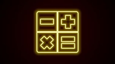 Parlayan neon hattı hesap makinesi simgesi siyah arkaplanda izole edildi. Muhasebe sembolü. İş hesaplamaları matematik eğitimi ve finans. 4K Video hareketli grafik canlandırması