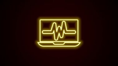 Siyah arkaplanda kardiyogram simgesi olan parlak neon hattı dizüstü bilgisayarı. Simge denetleniyor. Kalp atışı elle çizilmiş EKG monitörü. 4K Video hareketli grafik canlandırması