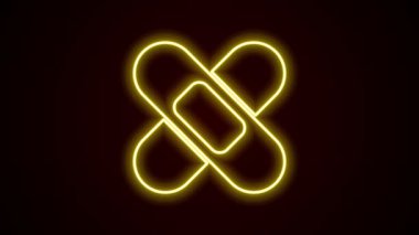 Parlayan neon çizgisi siyah arkaplanda izole edilmiş bandaj alçı ikonu. Tıbbi alçı, yapıştırıcı bandaj, esnek kumaş bandajı. 4K Video hareketli grafik canlandırması