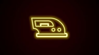 Parlayan neon hattı siyah zemin üzerinde izole edilmiş elektrikli demir ikonu. Buhar ütüsü. 4K Video hareketli grafik canlandırması