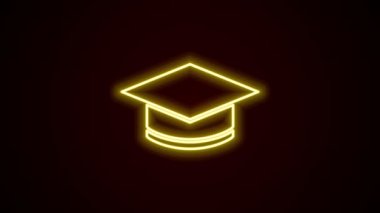Parlayan neon hattı mezuniyet simgesi siyah arkaplanda izole edildi. Tassel ikonlu mezuniyet şapkası. 4K Video hareketli grafik canlandırması