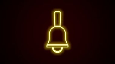 Parlayan neon hattı zil simgesi siyah arkaplanda izole edildi. Alarm sembolü, servis zili, el zili işareti, uyarı sembolü. 4K Video hareketli grafik canlandırması