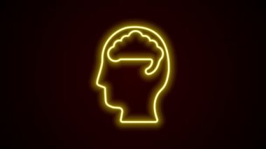Parlayan neon hattı insan beyni simgesi siyah arkaplanda izole edildi. 4K Video hareketli grafik canlandırması