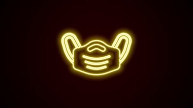 Parlayan neon hattı tıbbi koruyucu maske simgesi siyah arkaplanda izole edildi. 4K Video hareketli grafik canlandırması