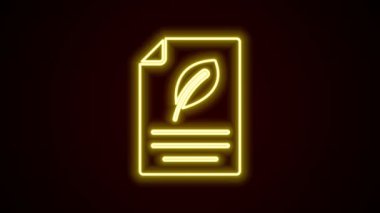 Siyah zemin üzerinde yaprak simgesi olan parlak neon çizgisi eko kağıdı. İş, eğitim ve doğa için uygun. 4K Video hareketli grafik canlandırması