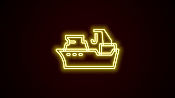 Gloeiende neon lijn Vissersboot pictogram geïsoleerd op zwarte achtergrond. Visserij trawler. 4K Video motion grafische animatie — Stockvideo