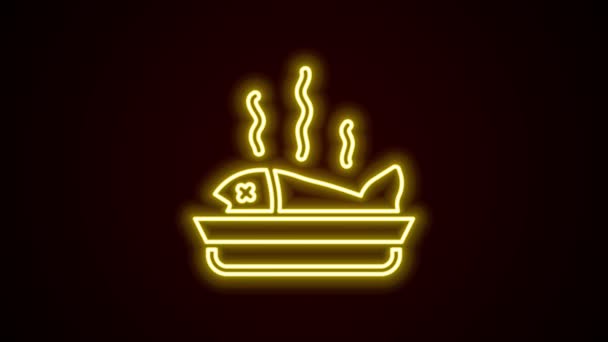 Leuchtende Neon-Linie Serviert Fisch auf einem Teller Symbol isoliert auf schwarzem Hintergrund. 4K Video Motion Grafik Animation — Stockvideo