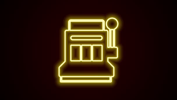 Icono de máquina tragamonedas de línea de neón brillante aislado sobre fondo negro. Animación gráfica de vídeo 4K — Vídeo de stock