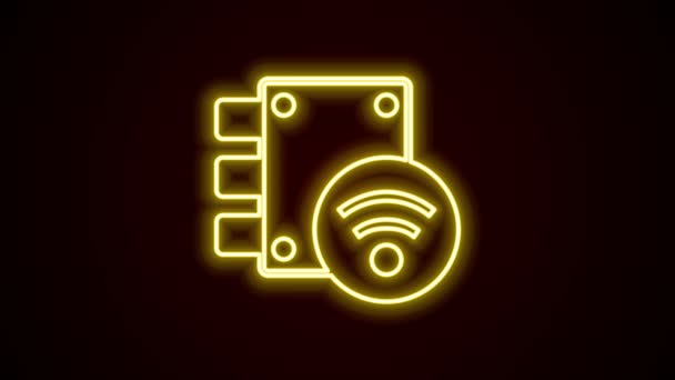 Glödande neonline Digitalt dörrlås med trådlös teknik för att låsa upp ikonen isolerad på svart bakgrund. Dörrhandtagsskylt. Vakternas smarta hem. 4K Video motion grafisk animation — Stockvideo