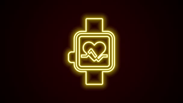 Glowing neon line Smart watch showing heart beat rate icon isolated on black background. Fitness App concept. 4K Video motion graphic animation — Stock Video