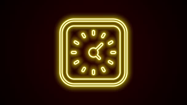 Светящийся значок часов неоновой линии выделен на черном фоне. Символ времени. Видеографическая анимация 4K — стоковое видео