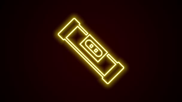 Linha de néon brilhante Ícone de nível de bolha de construção isolado no fundo preto. Waterpas, instrumento de medição, equipamento de medição. Animação gráfica em movimento de vídeo 4K — Vídeo de Stock
