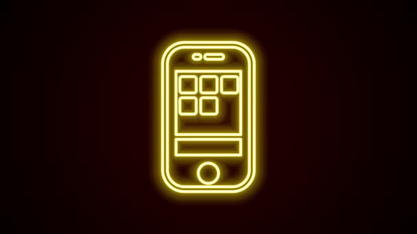 검은 배경에서 분리 된 휴대 전화 아이콘 Glowing neon line Smartphone. 4K 비디오 모션 그래픽 애니메이션 — 비디오