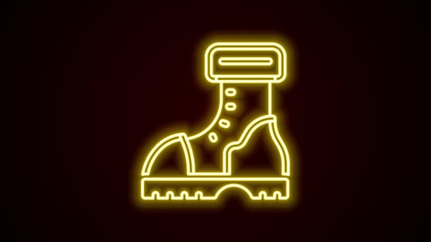 Línea de neón brillante Icono de bota de goma impermeable aislado sobre fondo negro. Botas de goma para el clima lluvioso, la pesca, la jardinería. Animación gráfica de vídeo 4K — Vídeo de stock