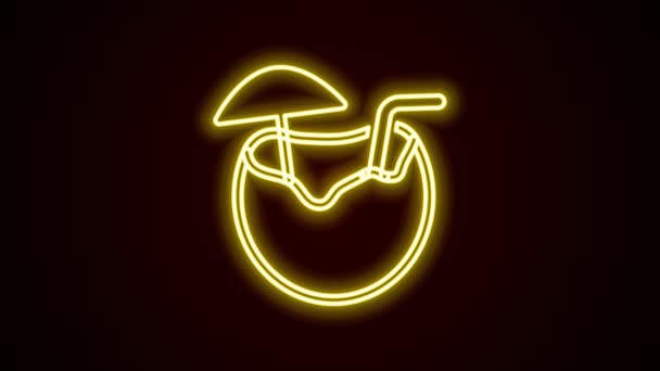 Gloeiende neon lijn Kokossap exotische verse cocktail en paraplu pictogram geïsoleerd op zwarte achtergrond. 4K Video motion grafische animatie — Stockvideo