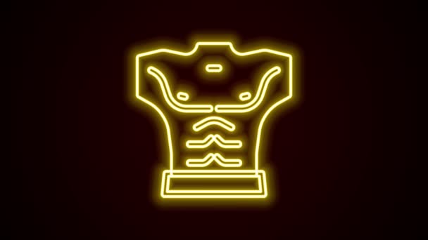Gloeiende neon lijn Bodybuilder toont zijn spieren pictogram geïsoleerd op zwarte achtergrond. Fit fitness kracht gezondheid hobby concept. 4K Video motion grafische animatie — Stockvideo