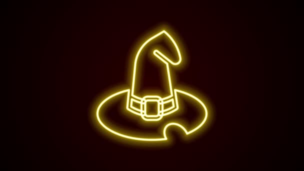 Glowing neon line Witch hat icon isolated on black background. Happy Halloween party. 4K Video motion graphic animation — Stock Video