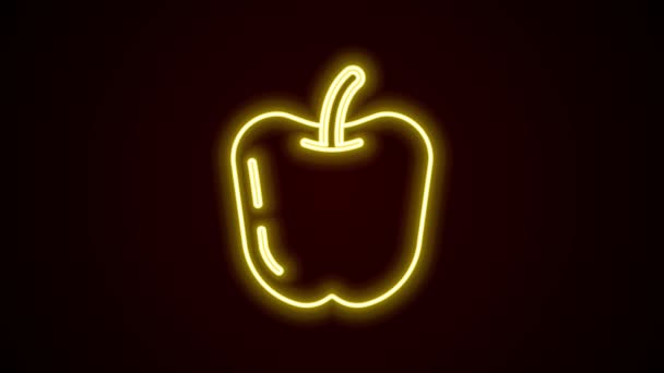 Светящаяся неоновая линия иконка Apple выделена на черном фоне. Фрукты с символом листа. Видеографическая анимация 4K — стоковое видео