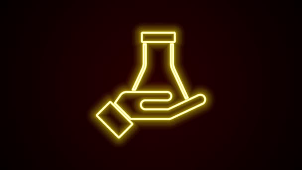 Línea de neón brillante Tubo de ensayo y matraz icono de prueba de laboratorio químico aislado sobre fondo negro. Signo de cristalería del laboratorio. Animación gráfica de vídeo 4K — Vídeos de Stock