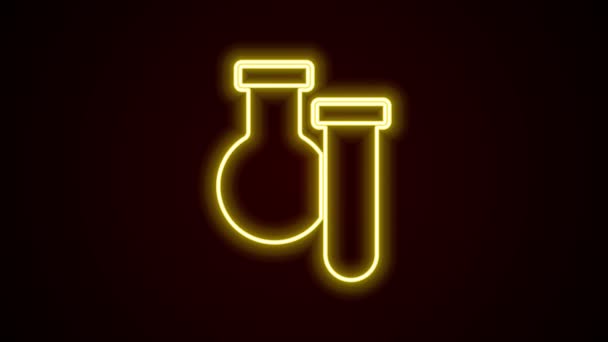 Glowing neon line Test tube and flask chemical laboratory test icon isolated on black background. Laboratory glassware sign. 4K Video motion graphic animation — Stock Video